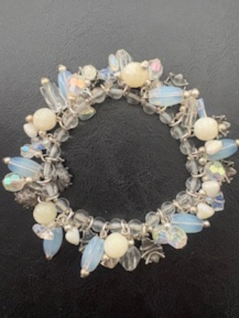Elastic bracelet-Dangling clear & white, opaque multi shape/size beads